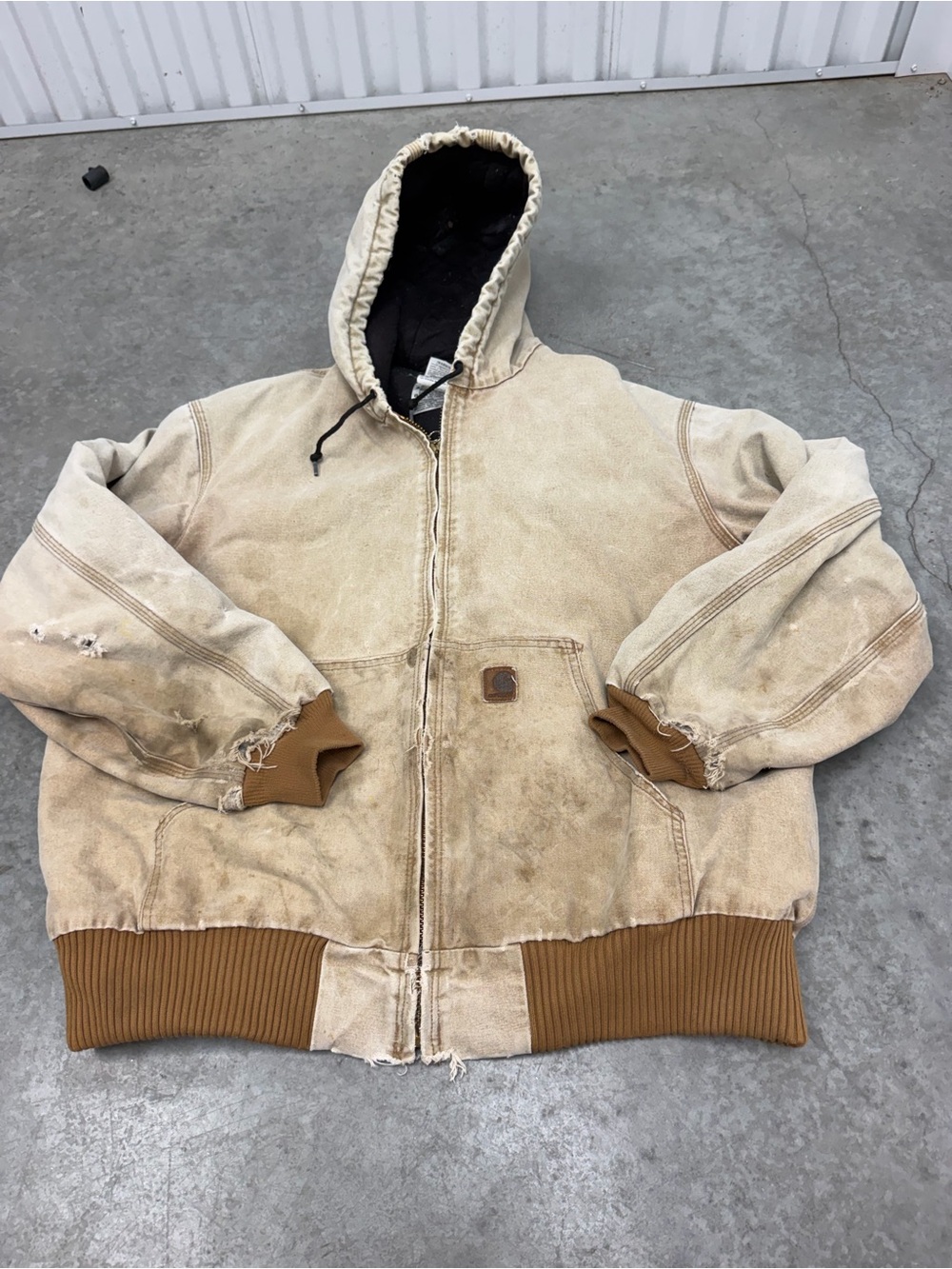 Carhartt Beige Hooded Work Jacket with Brown Trim